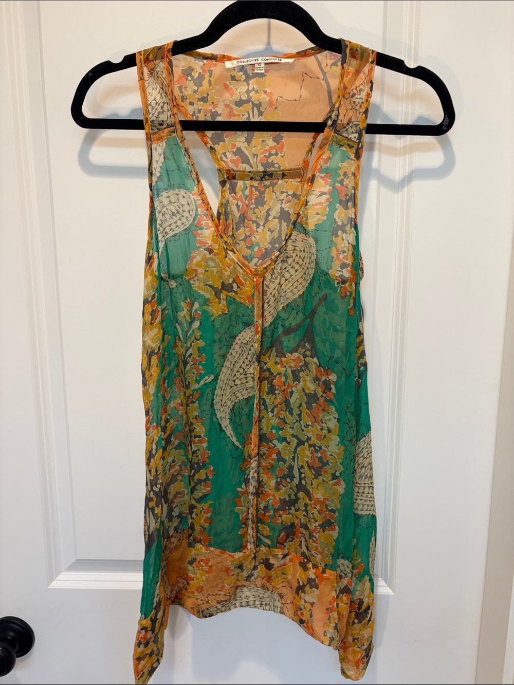 Collective Concepts Floral Sheer silk V-neck flowy tank - Peach, Orange & Green